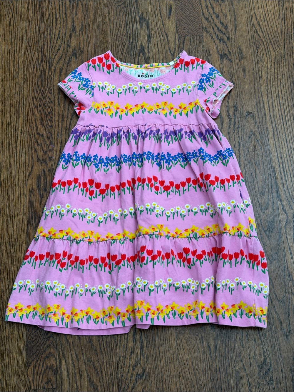 Boden Pink Floral Tiered Cotton Dress with Multicolor Flowers